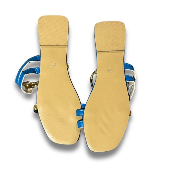 Womens Blue & Gold Flat Strappy Slide Sandals Size 8.5 Square Toe Casual Summer - Picture 3 of 4